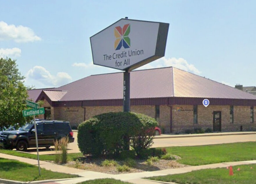 The exterior of a bank. specifically, Credit Union For All's location on Eastland Drive in Bloomington.