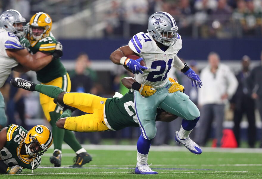 Ezekiel Elliott of the Dallas Cowboys carries the ball during the fourth quarter against the Green Bay Packers in the NFC Divisional Playoff game at AT&T Stadium on Jan. 15, 2017 in Arlington, Texas.  (Tom Pennington/Getty Images)