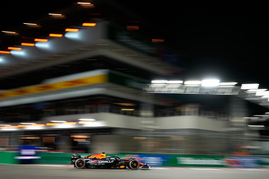 Red Bull driver Max Verstappen of the Netherlands drives during the Formula One Las Vegas Grand Prix auto race, Saturday, Nov. 22, 2025 in Las Vegas.
