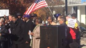 Rev. Dr. William J. Barber II and other faith and civil rights leaders address a crowd of demonstrators protesting the start of a lame duck session of the North Carolina General Assembly on Tuesday.