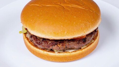 Hamburger on a white plate.