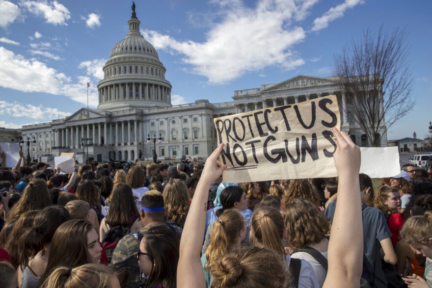 Students gather outside the US Capitol, one holding a sign: Protect Us, Not Guns