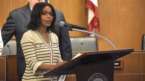 Franklin County Board of Commissioners Chair Erica Crawley speaks at a press conference downtown on October 16, 2025.