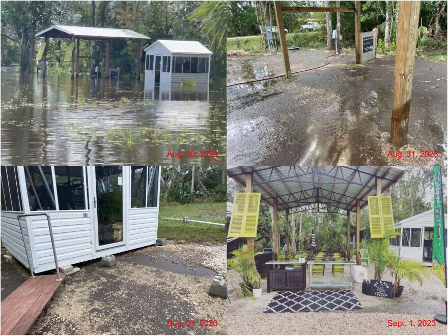 The Derifields sell coffee and tacos out of trailers usually parked on this lot in Steinhatchee. They pulled their trailers out before Hurricane Idalia and returned to several feet of water on the property. Over two days, they cleaned up and prepared to reopen to serve cold brew coffee.