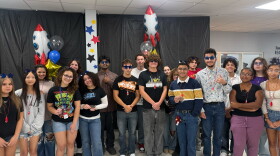 Deltona High School students at a watch party celebrating NASA astronaut Luke Delaney’s launch to the space station.