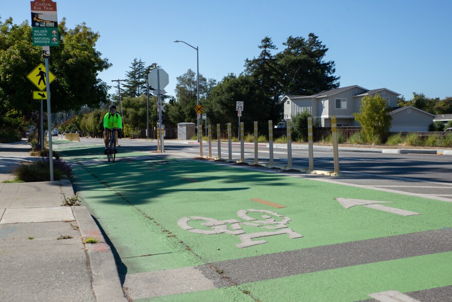 A cyclist bikes in a protected bike lane, which has dividers between the path and the main road.