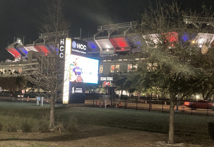 Sign in front of a stadium