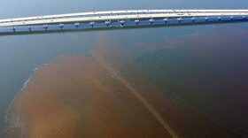  Howard Franklin Bridge over Old Tampa Bay with algae bloom in the bay Algae bloom in Old Tampa Bay, north of Howard Frankland Bridge, August 2011. 