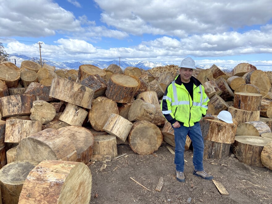 A man in a neon yellow jacket and hard hat is standing in front of a large pile of chunks of wood.