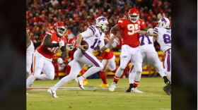 Josh Allen (17) runs with the football vs. Kansas City at Arrowhead Stadium Jan. 23, 2022.