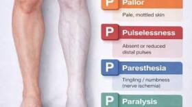 Infographic titled "Acute Limb Ischemia: Clinical Features & Emergency Recognition," showing two bare legs, one with normal skin tone and one pale, beside a list of the six Ps of warning signs: pain, pallor, pulselessness, paresthesia, paralysis, and perishingly cold.