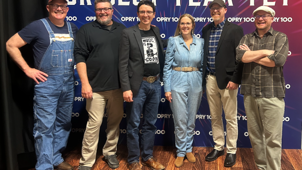 Gina poses backstage at The Opry with The HillBenders