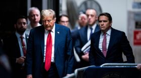 Former U.S. President Donald Trump arrives ahead of the start of jury selection at Manhattan Criminal Court in New York City.