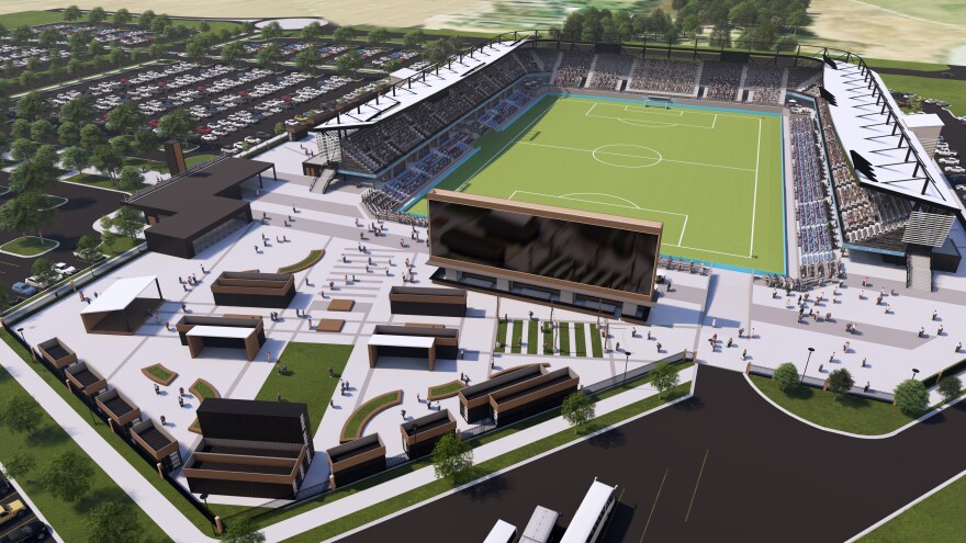 Artist's rendering of a southeast aerial view of a proposed soccer stadium on Fort Wayne's west side.