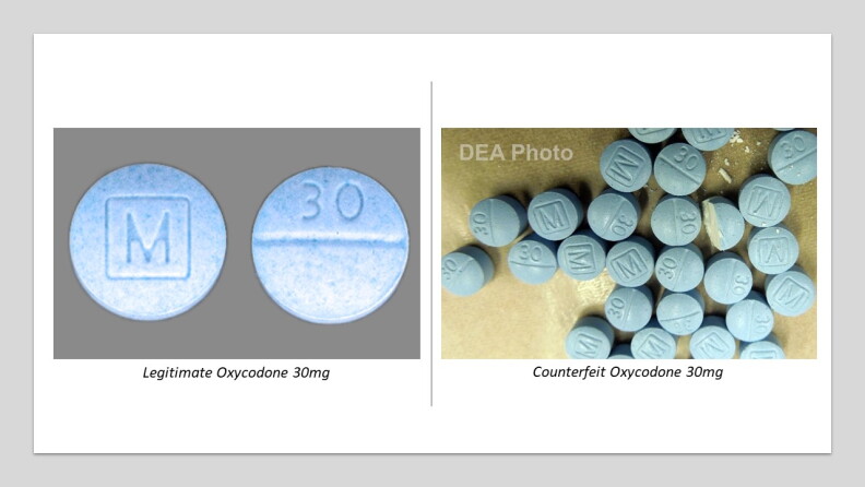 The picture on the left is an image of a legitimate Oxycodone pill. The picture on the right is an image of counterfeit Oxycodone pills.