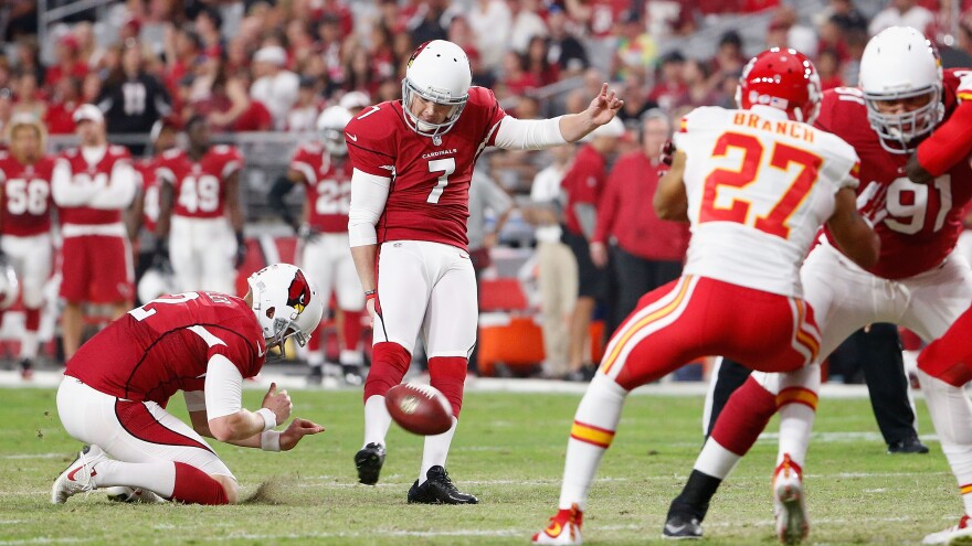 Kicker Chandler Catanzaro of the Arizona Cardinals kicks an extra point against the Kansas City Chiefs during a pre-season NFL game at the University of Phoenix Stadium on Aug. 15 in Glendale, Ariz.