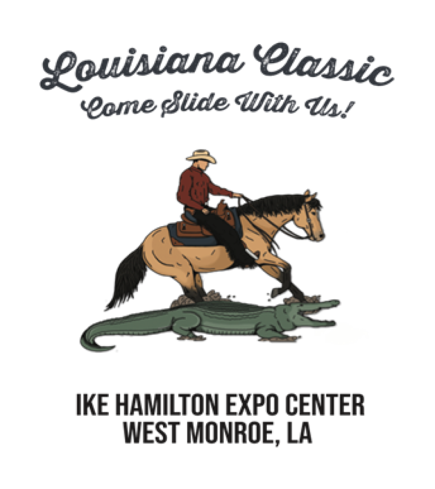 The Southern Reined Cow Horse Alliance hosts the fourth annual Louisiana Classic. "Louisiana Classic, Come Slide With Us!" The image is of a man riding a horse on top of an alligator.
