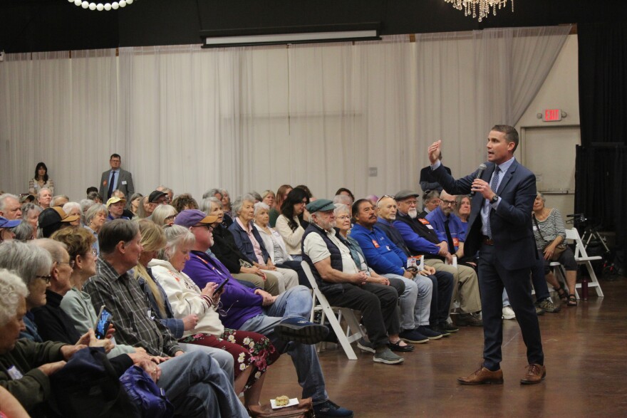 State Sen. Mike McGuire, a Democrat from Santa Rosa, speaks to residents at a town hall in Chico, Calif., on Saturday, March 7, 2026.