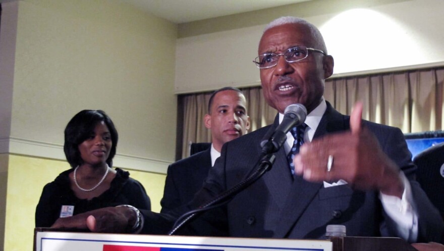 A. C. Wharton gives his victory speech as relatives watch after he won the Memphis mayoral race in Memphis. (Adrian Sainz/AP)