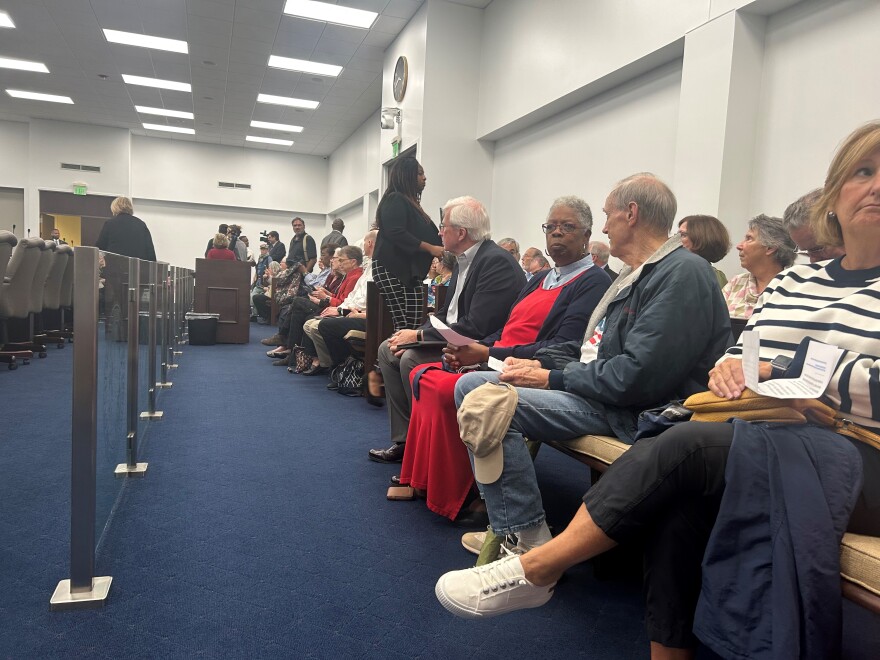 People gathered at the Legislative Office Building, in Raleigh, on Wednesday, Sept. 27, 2023, for a public comment session on redistricting. The Republican-controlled legislature will draw new Congressional and state legislative district maps.