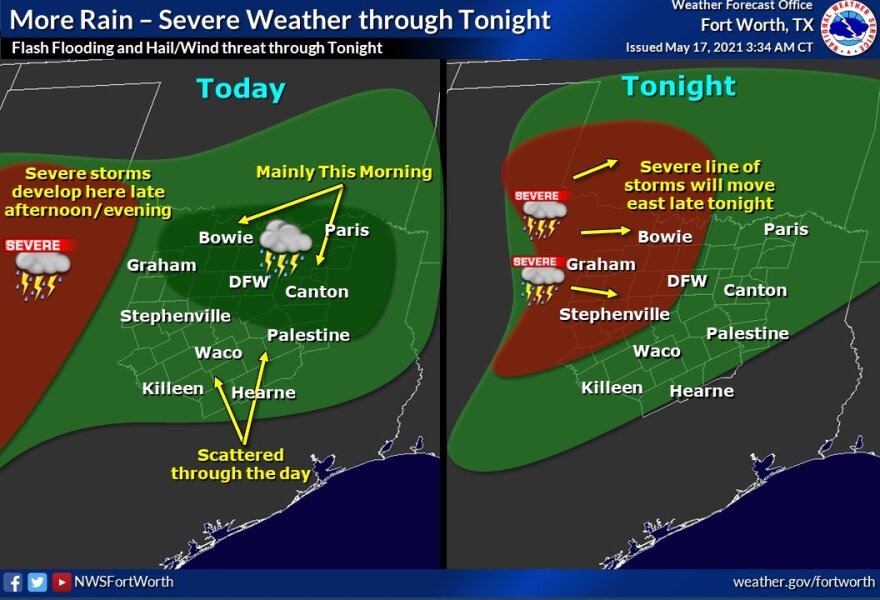 A weather forecast map of North Texas calls for more rain and severe thunderstorms.