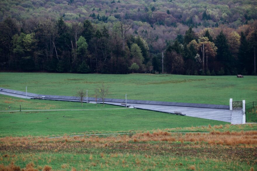 A view of the Flight 93 National Memorial from the Western Overlook. The boulder marks the area where the hijacked jetliner crashed on Sept. 11, 2001, in Stonycreek Township, Somerset County.