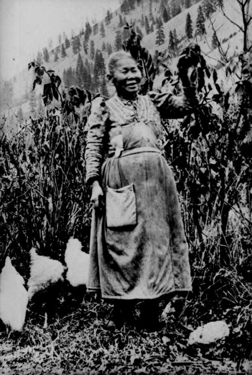 A black and white photograph of Polly Bemis standing in fields on her Salmon River Ranch.