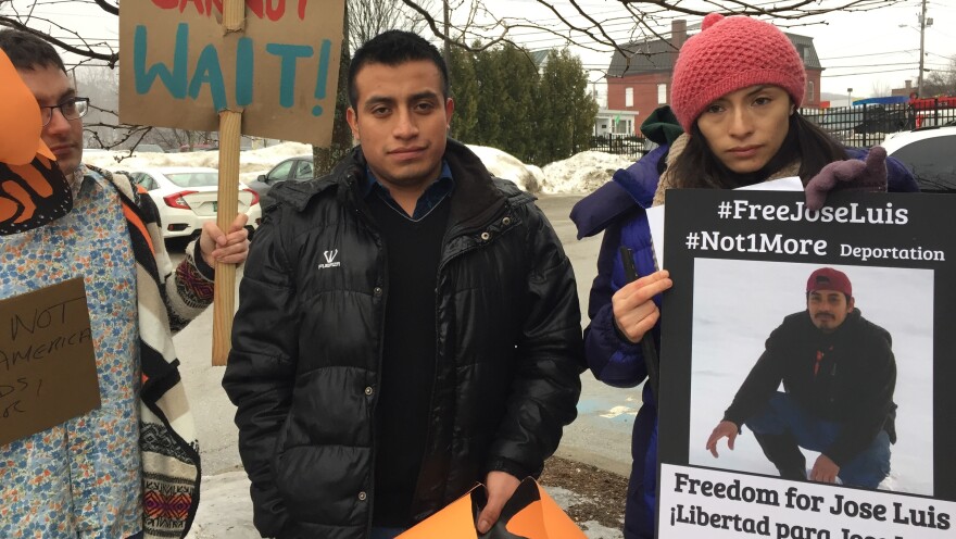 Victor Garcia Diaz, left, and Zully Palacios Rodriguez, at a recent demonstration in Richford, Vt. They are two of the undocumented Migrant Justice leaders arrested by ICE.