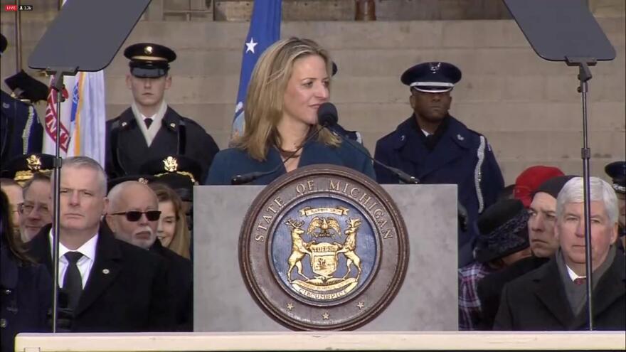 Jocelyn Benson, Michigan's first Democratic secretary of state in more than 20 years gives her inaugural remarks. 