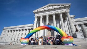 Casey Pick, Director of Law and Policy at The Trevor Project, speaks at a rally on the steps of the Missouri Capitol on Feb. 2, after testifying in two hearings. 