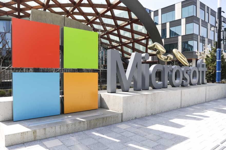 A Microsoft sign and logo are pictured at the company's headquarters