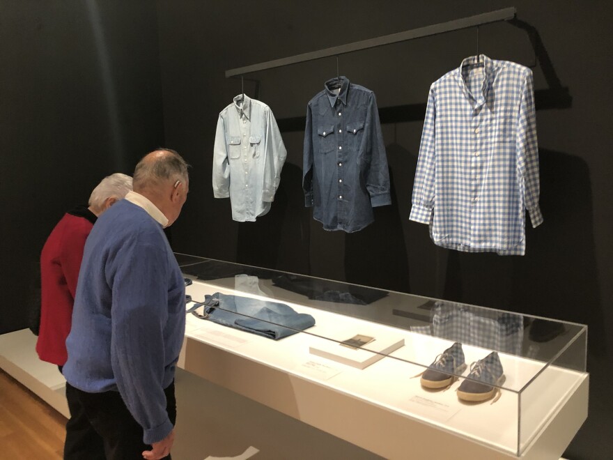 O'Keeffe's wardrobe shifted to men's shirts and blue jeans when she worked in New Mexico. She called denim the American uniform.