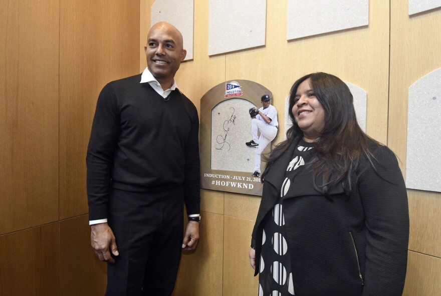 Baseball Hall of Fame pitcher Mariano Rivera left, poses with his wife Clara Rivera visit the National Baseball Hall of Fame and Museum, Feb.1, 2019, in Cooperstown, N.Y.