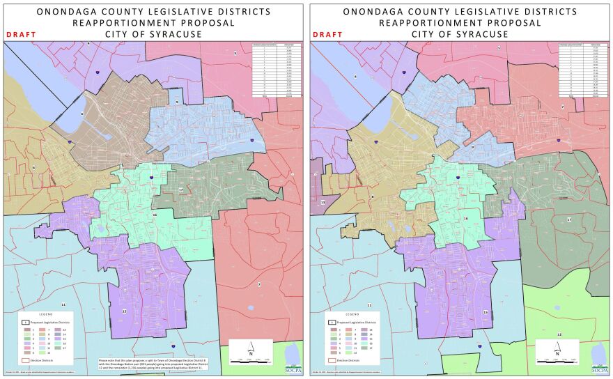 A closer view of the county's legislative districts covering the city. Again, democrat's map on the left, GOP's on the right.