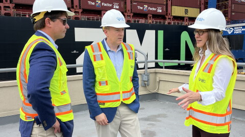 EPA Administrator Lee Zeldin (center) talks with S.C. Ports Authority Board Member Thomas Limehouse and Vice President of Strategy and Analytics, Mary Beth Richardson at the Wando Welch Terminal in Mount Pleasant on Oct. 3, 2026.