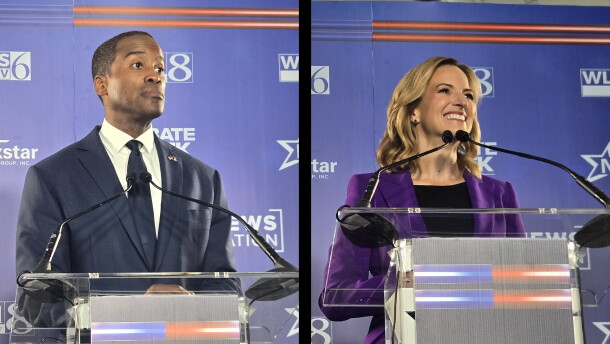 Republican John James and Democrat Jocelyn Benson stand at their lecterns during a gubernatorial debate on October 6, 2026.