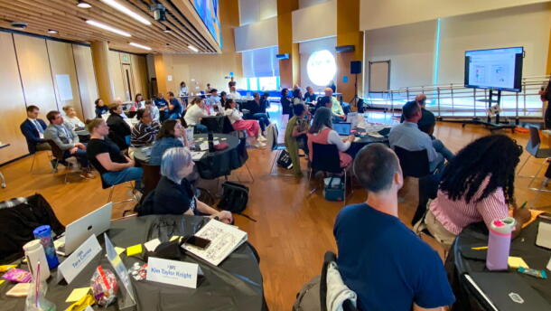 Boston Public School educators attend a training on AI systems at BPS headquarters at the Bruce C. Bolling Building on Aug. 25, 2026. (Suevon Lee/WBUR)