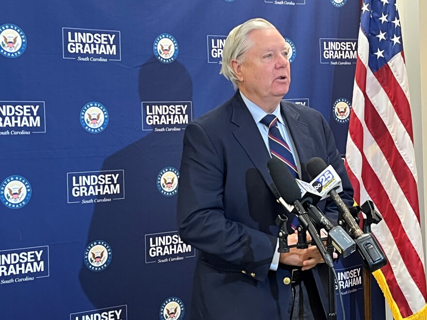 Republican Sen. Lindsey Graham speaks with members of the Columbia press on Jan. 27, 2024.