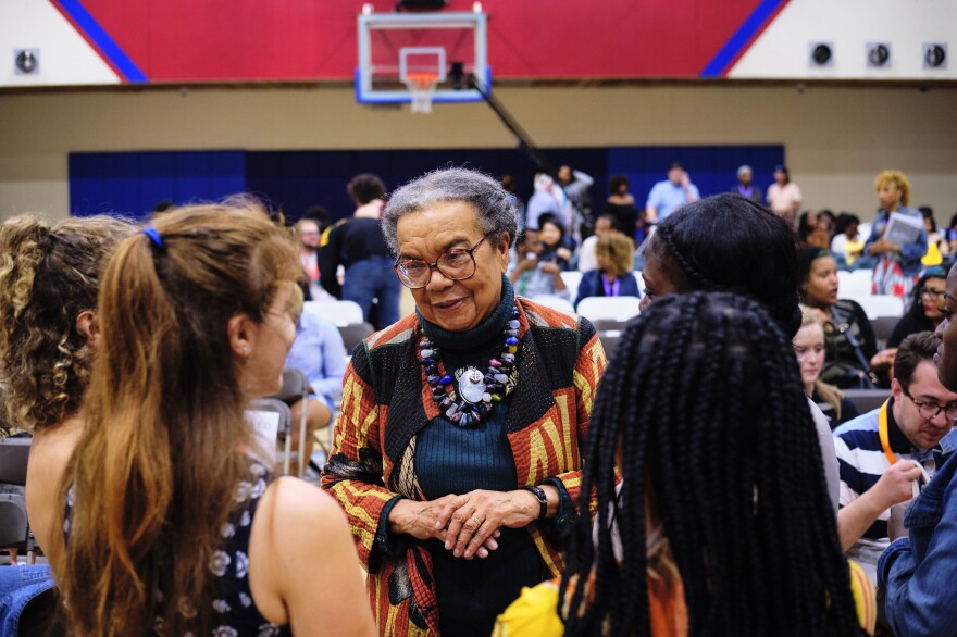 Marian Wright Edelman (center) talks to some of the young people she hopes will become part of a new generation of social justice activists.