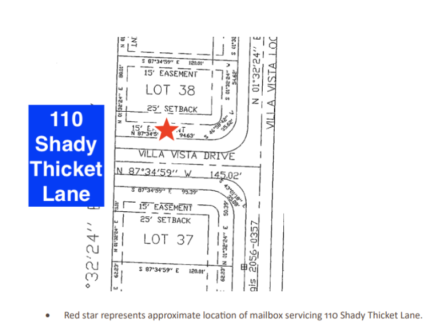 The mailbox is where the star is. 110 Shady Thicket is Pinters house. Lot 38 is owned by Malinowski