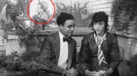 An image from the film “By Right of Birth” (1921), which Caddoo discovered was actually footage from the lost film “The Trooper of Troop K” (1916). Actor Noble Johnson appears in the corner.