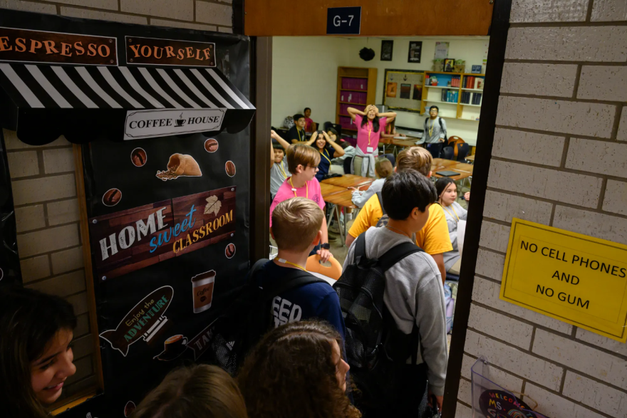 Students at Nimitz Middle School in Odessa line up to enter their next class on Sept. 13, 2023.