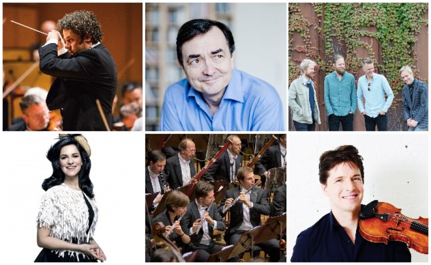 clockwise from upper left: conductor Gustavo Dudamel; pianist Pierre-Laurent Aimard; Danish String Quartet; violinist and conductor Joshua Bell; Gewandhaus Orchestra of Leipzig; soprano Angela Gheorgiu