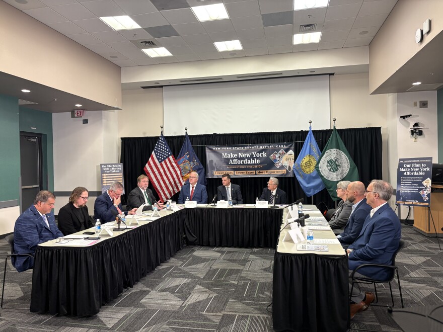 Senators Dan Stec (left), Jake Ashby, and Jim Tedisco meeting with local industry leaders to discuss the growing cost of living and decreased affordability