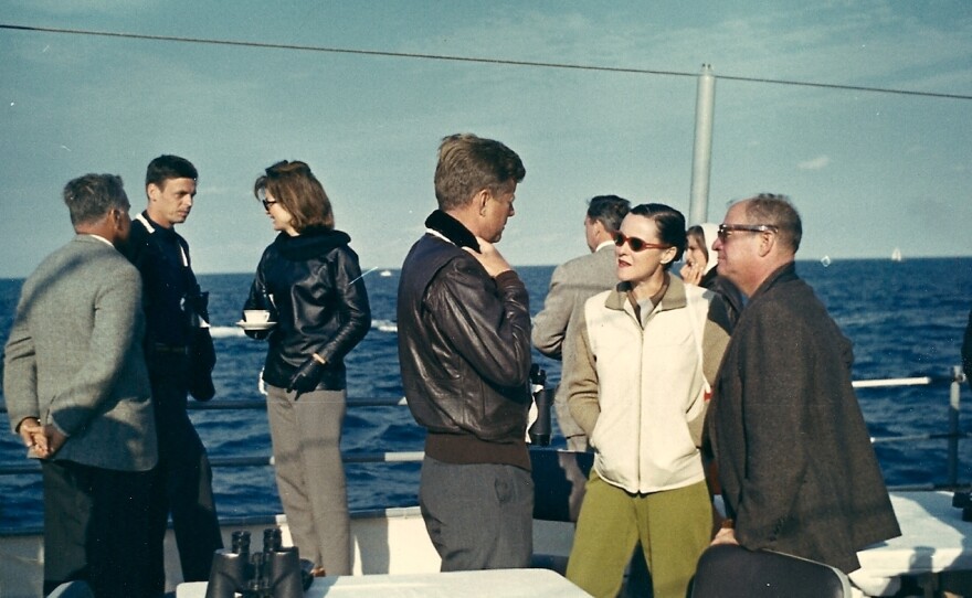 Plimpton watches the America's Cup races with President John F. and Jacqueline Kennedy, 1962.