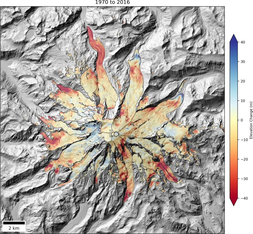 This map shows the elevation change of Mount Rainier glaciers between 1970 and 2016. Glacier surface elevations have dropped more than 40 meters (130 feet) in some places.