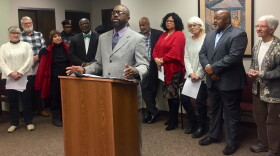 Rockney Carter, of the Clergy Community Coalition, speaks to reporters at a Good Samaritan Hospital closure-related press conference Thursday.