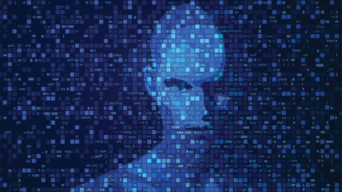 concept of artificial intelligence or AI, shape of a man combined with programming code