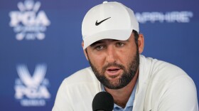 FILE - Scottie Scheffler speaks during a news conference after the second round of the PGA Championship golf tournament at the Valhalla Golf Club, Friday, May 17, 2024, in Louisville, Ky. Criminal charges against Scheffler have been dismissed, ending a legal saga that began with images of the world’s top male golfer being arrested and handcuffed in Louisville during the PGA Championship. (AP Photo/Matt York, File)