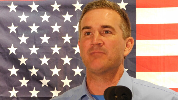 Blake Gendebien speaks to supporters after winning the NY-21 Democratic primary